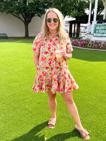 Floral Print Short Sleeve Mini Dress- Chartreuse-K. Ellis Boutique