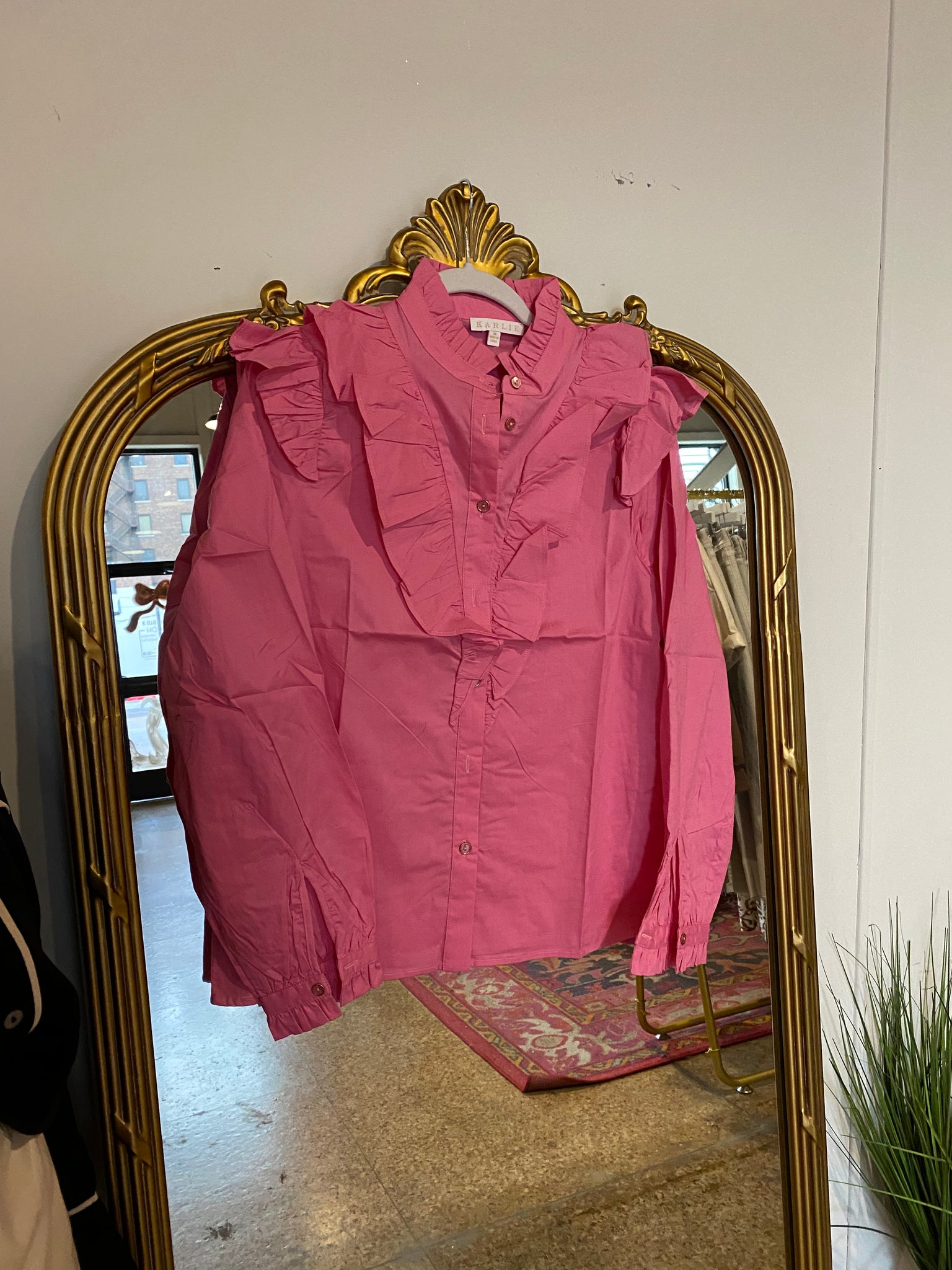 Karlie Solid Poplin Ruffle Button Down- Pink-K. Ellis Boutique