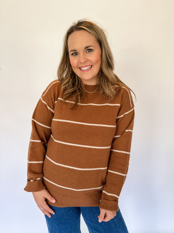 Loose Fit Striped Sweater Top - brown-K. Ellis Boutique