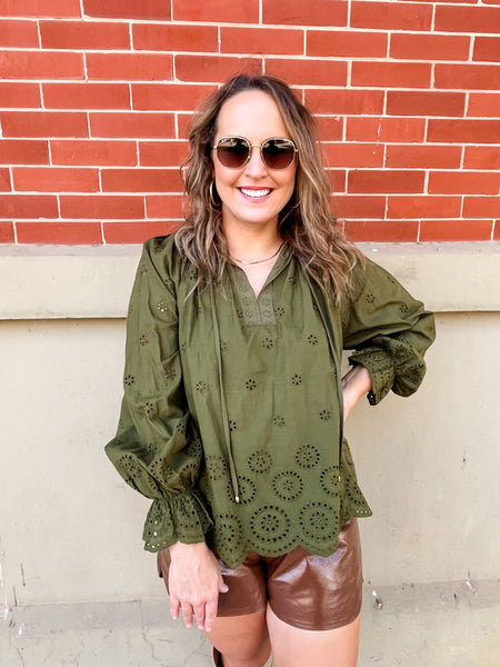 Solid Eyelet Long Sleeve Top - Olive-K. Ellis Boutique