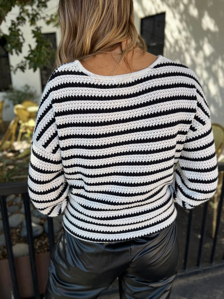 RELAXED STRIPED KNIT SWEATER- BLACK-K. Ellis Boutique