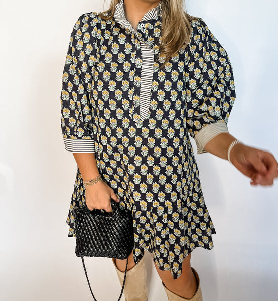 Floral Block Print Contrast Mini- Navy-K. Ellis Boutique