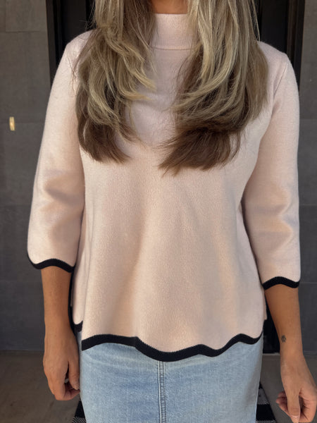Scallop Edge Detailed Mock Neck Sweater- Blush/Black-K. Ellis Boutique