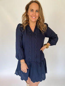 Scalloped Detail Mini Dress- Navy-K. Ellis Boutique