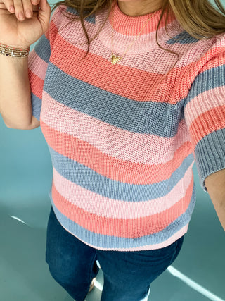 Spring Stripe Pattern Short Puff Sleeve Sweater-K. Ellis Boutique