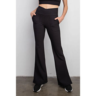 Nylon Rib V Waist Corssover Flared Leggings- Black-K. Ellis Boutique