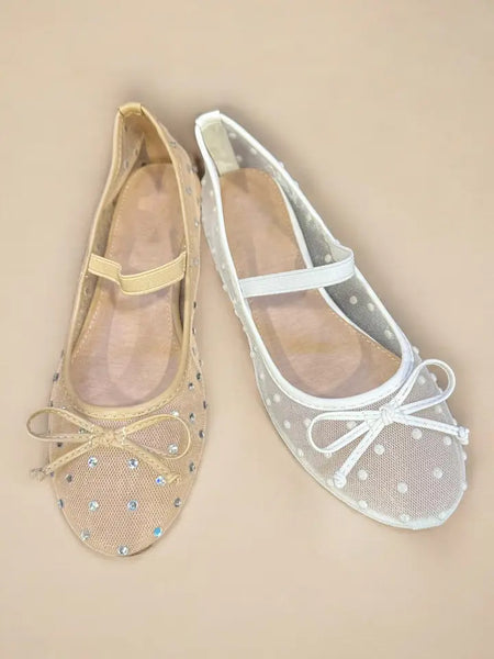 Ribbon Decor Sheer Mesh Mary Jane Flats- Beige-K. Ellis Boutique