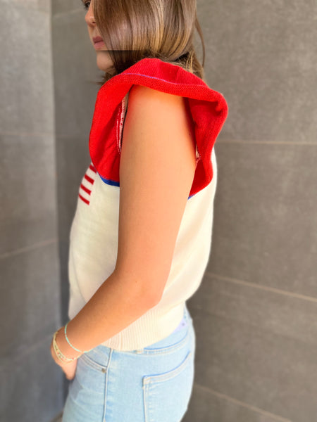 USA Flag Embroidered Sleevless Ruffle Sweater- White-K. Ellis Boutique