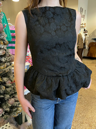 Katie Black Brocade Short Sleeve Top- Black-K. Ellis Boutique
