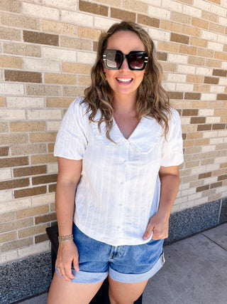 Collared Short Sleeve Button Up Top- Ivory-K. Ellis Boutique