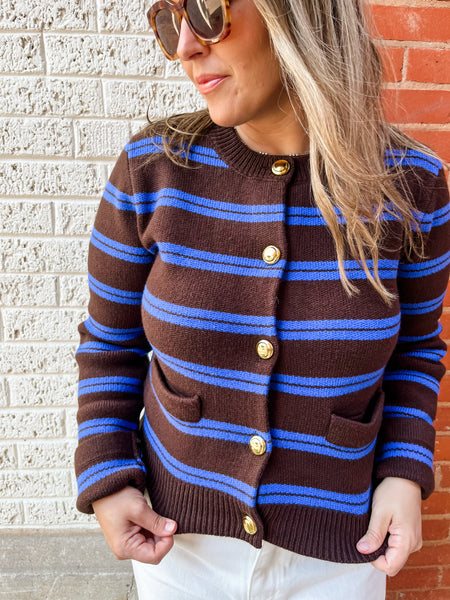 Striped Gold Button Cardigan- Brown/Blue-K. Ellis Boutique