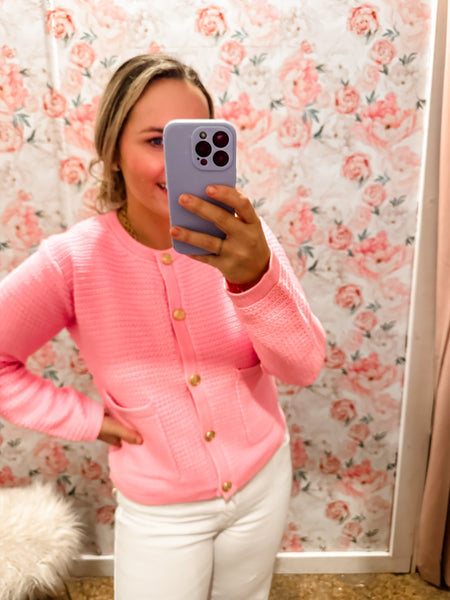 Solid Long Sleeve Sweater Knit Cardigan - Pink