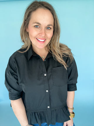 Miranda Ruffle Hem Button Up- Black-Short Sleeve Top-K. Ellis Boutique