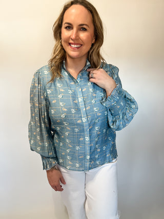 Louise Floral Top- Dusty Blue-K. Ellis Boutique