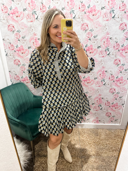 Floral Block Print Contrast Mini- Navy-K. Ellis Boutique