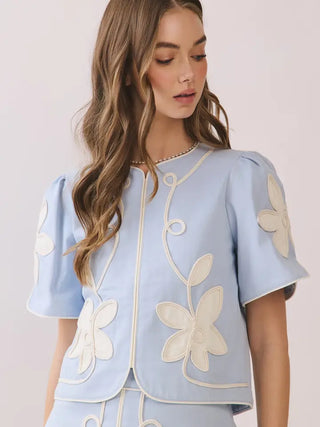Clara Floral Applique Top- Light Blue-K. Ellis Boutique