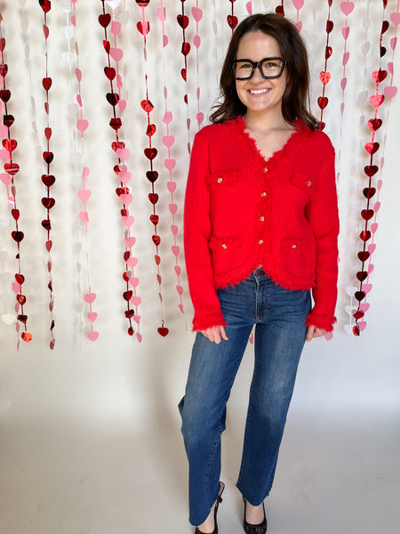 The Kym Frayed Trim Textured Cardigan- Red-K. Ellis Boutique