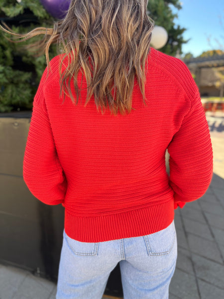 Ruffle Neck Ribbed Sweater- Red-K. Ellis Boutique