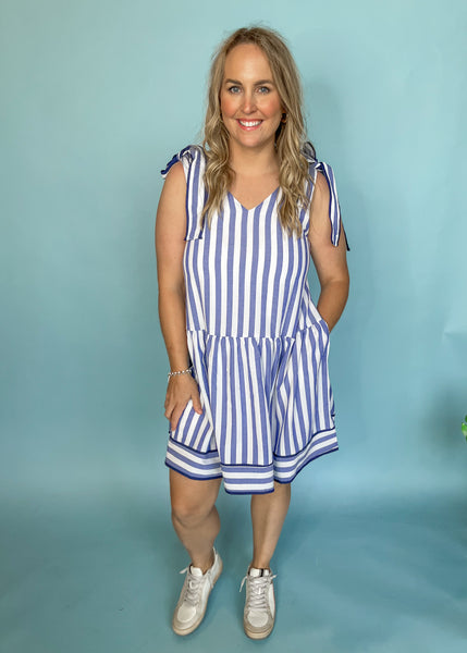 Stripe Print V-Neck Mini Dress - Blue-K. Ellis Boutique