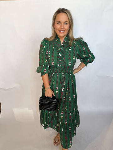 Floral Print Ruffle Trim Midi Dress- Forest Green Mix-K. Ellis Boutique