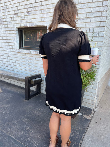 Solid Textured Collared White Trim Dress-K. Ellis Boutique