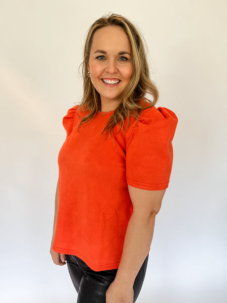 Puff Sleeve Suede Top- Orange- THML-K. Ellis Boutique