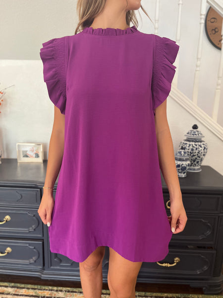 Solid Ruffle Cap Sleeve Dress- Purple-K. Ellis Boutique