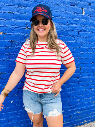 Short Sleeve Striped Crew Neck Tee- Red-K. Ellis Boutique
