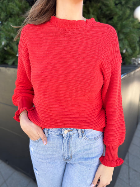 Ruffle Neck Ribbed Sweater- Red-K. Ellis Boutique