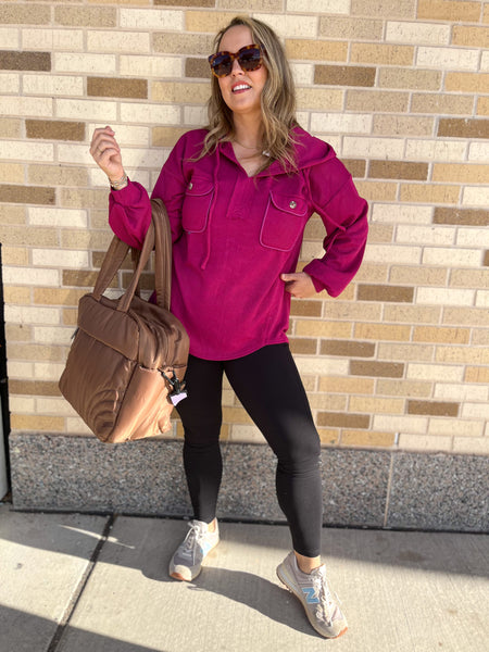 Oversized Hoodie Knit Top W/ Patch Pockets- Magenta-K. Ellis Boutique