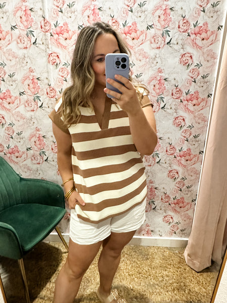 Stripe Collared Top- Light Mocha-K. Ellis Boutique