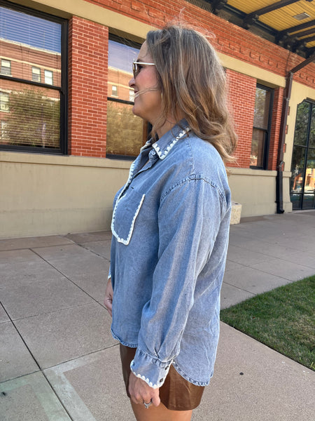 Chambray Long Sleeve Button Up- Denim Blue-K. Ellis Boutique