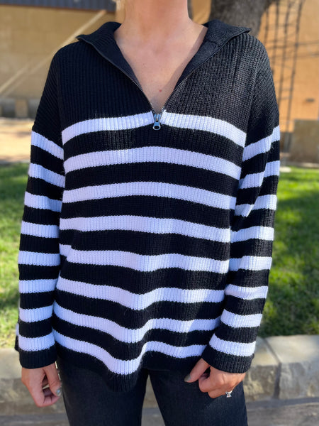 Coastal Striped Half Zip Sweater- BLACK/WHITE-K. Ellis Boutique