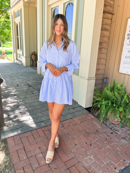 STRIPED LONG SLEEVE SHIRT DRESS- LIGHT BLUE-K. Ellis Boutique