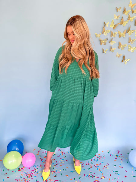 Tiered Textured Midi Dress - Kelly Green-K. Ellis Boutique