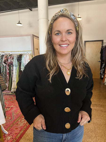 Gold Button Cardigan- Black-K. Ellis Boutique