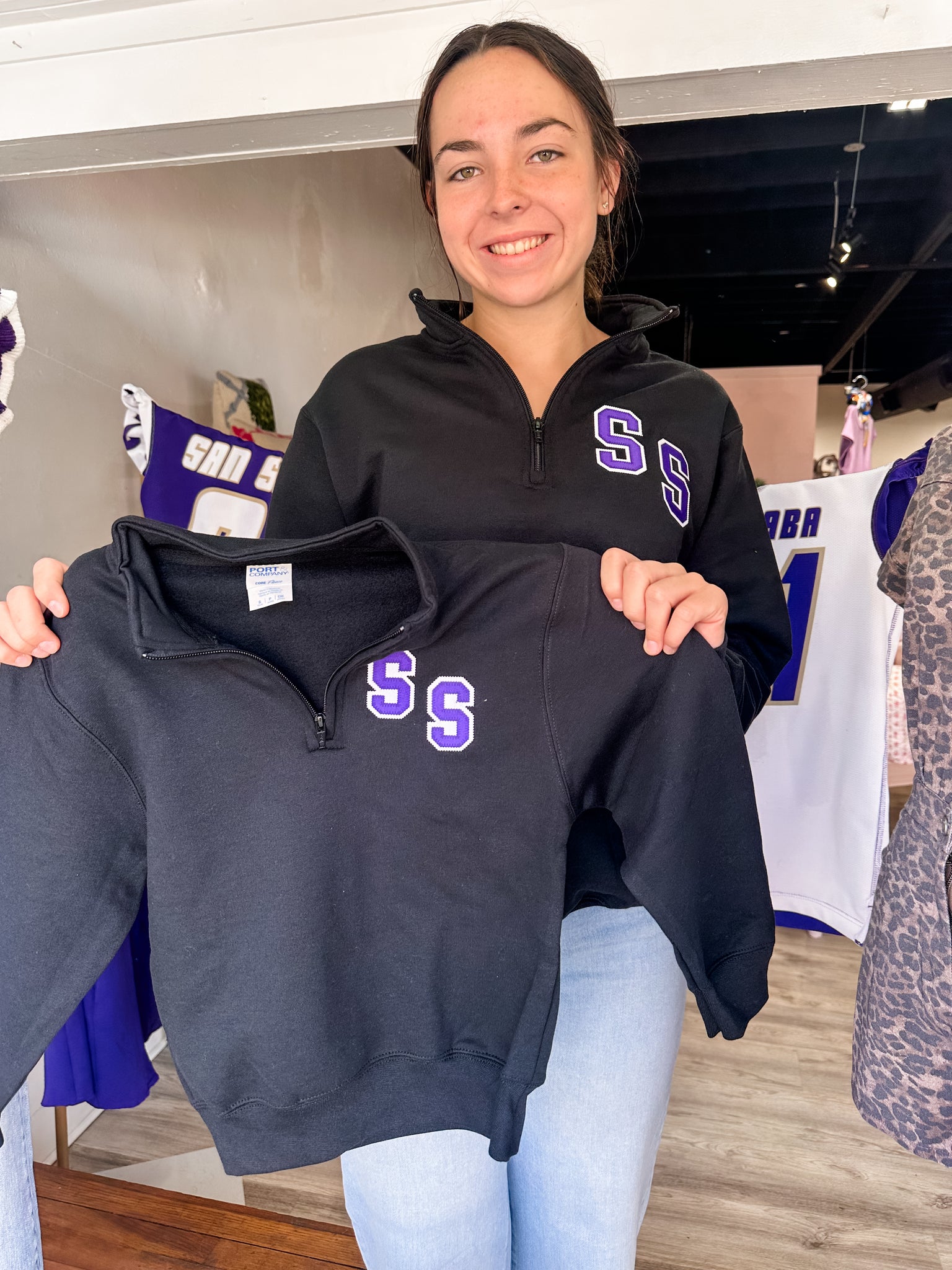 San Saba Varsity Embroidered- Black Half Zip Up -Adult-K. Ellis Boutique