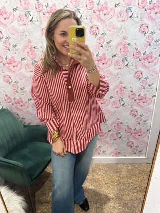 Cotton Collared Striped Top- Pink & Red-K. Ellis Boutique