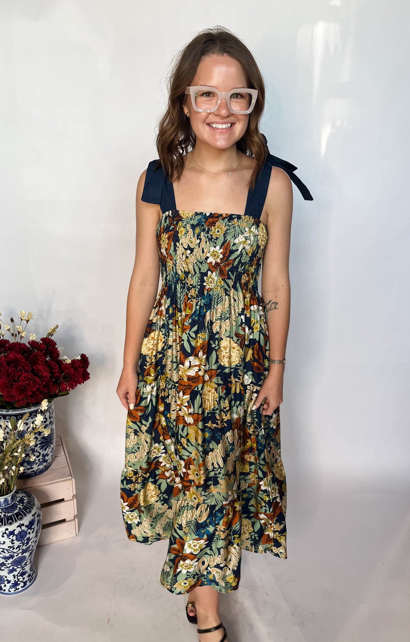 Paralia Nights Smock Midi Dress- Navy Floral-K. Ellis Boutique