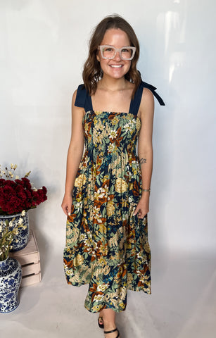 Paralia Nights Smock Midi Dress- Navy Floral-K. Ellis Boutique