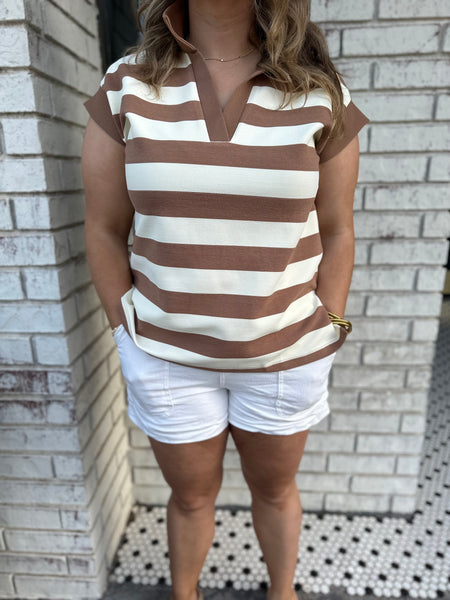 Stripe Collared Top- Light Mocha-K. Ellis Boutique