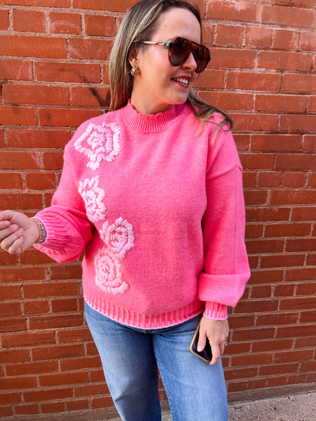 Madeline Floral Embroidery Mock Neck Sweater- Pink-K. Ellis Boutique