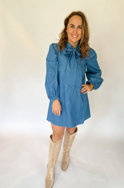 Adjustable Bow Tie Denim Dress- Light Denim-K. Ellis Boutique