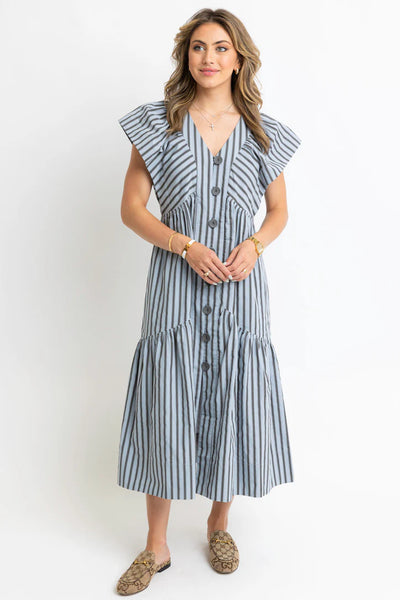 Karlie Stripe V-Neck Maxi Dress- Blue-K. Ellis Boutique