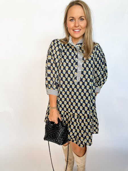 Floral Block Print Contrast Mini- Navy-K. Ellis Boutique