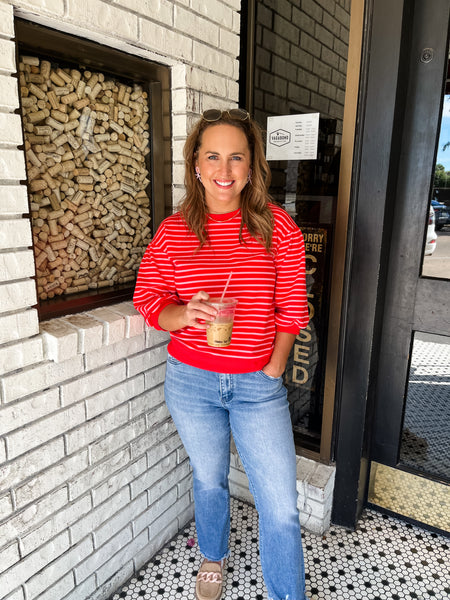 Striped Print 3/4 Sleeves Top- Pink/Red-K. Ellis Boutique