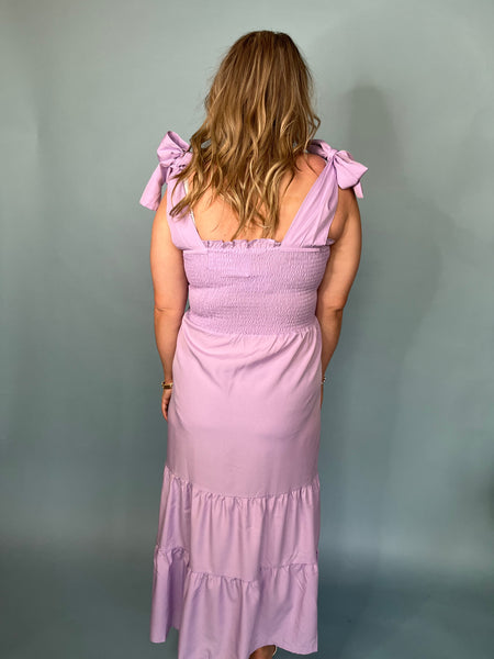 Smocked Self Tie Midi Dress - Purple-K. Ellis Boutique