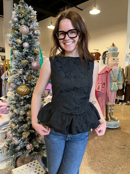 Katie Black Brocade Short Sleeve Top- Black-K. Ellis Boutique