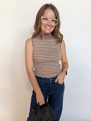 Mock Neck Sleeveless Sweater Top- Mocha & Cream Stripes-K. Ellis Boutique