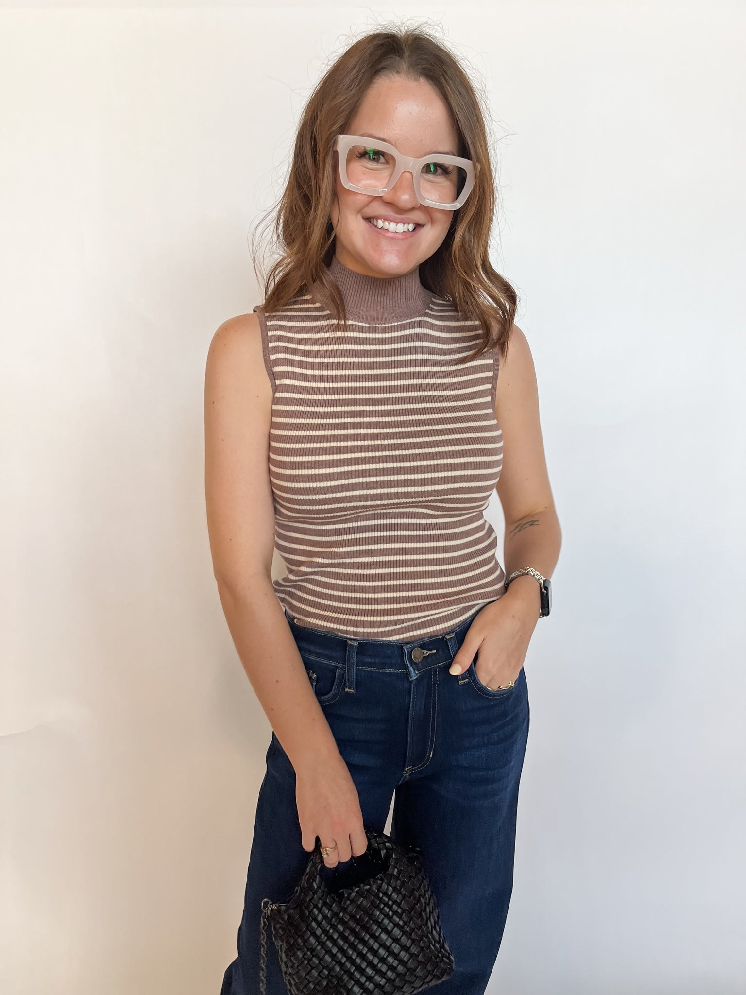 Mock Neck Sleeveless Sweater Top- Mocha & Cream Stripes-K. Ellis Boutique